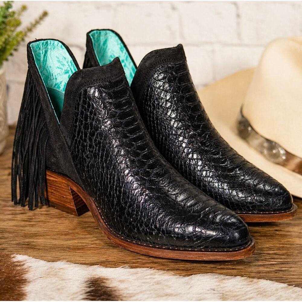 NEW Corral Black Python Fringe Western Bootie Pointed Toe Leather Rodeo Festival